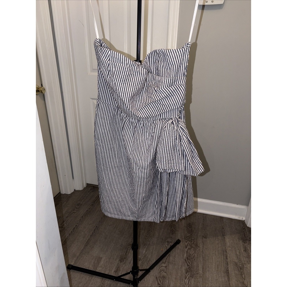 Judith March Seersucker Stripe Blue Bow Mini Dress Large Wire Boning Classic EUC